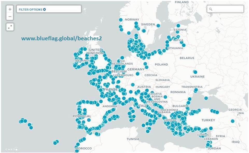 Bekijk op de kaart van <a href="https://www.blueflag.global/all-bf-sites" target="_blank">Blue Flags</a> welke stranden en jachthavens het Blauwe Vlag-kwaliteitslabel toegekend kregen. Blue flag | © Foundation for Environmental Education